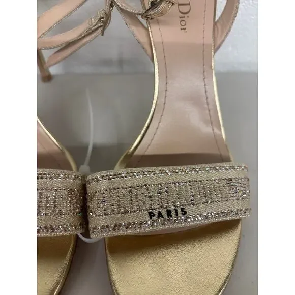 Dior Dway Heeled Sandal Cotton Embroidered Logo Gold Metallic Thread Sz 40.5 - Picture 4 of 10